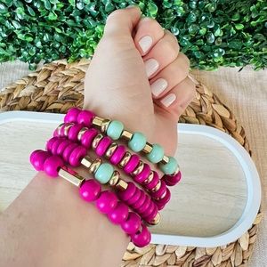 New Hot Pink Turquoise Beaded Bracelets Set of 4 Stretchy Lightweight